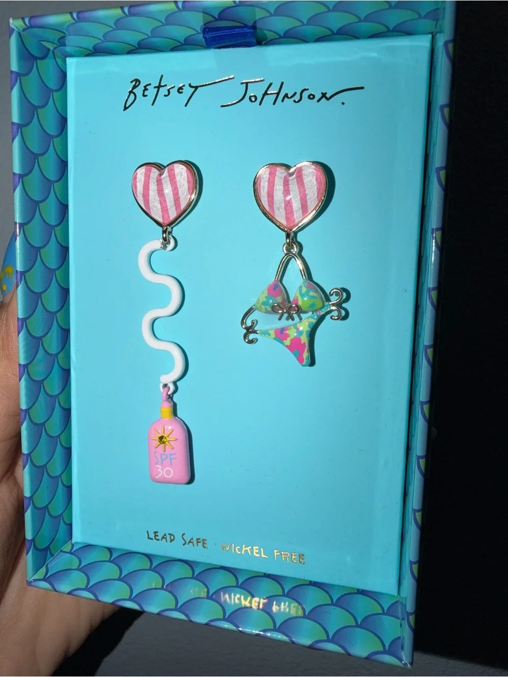 Betsey Johnson Pink Heart Dangle Kids Bikini & SPF Charm Earrings